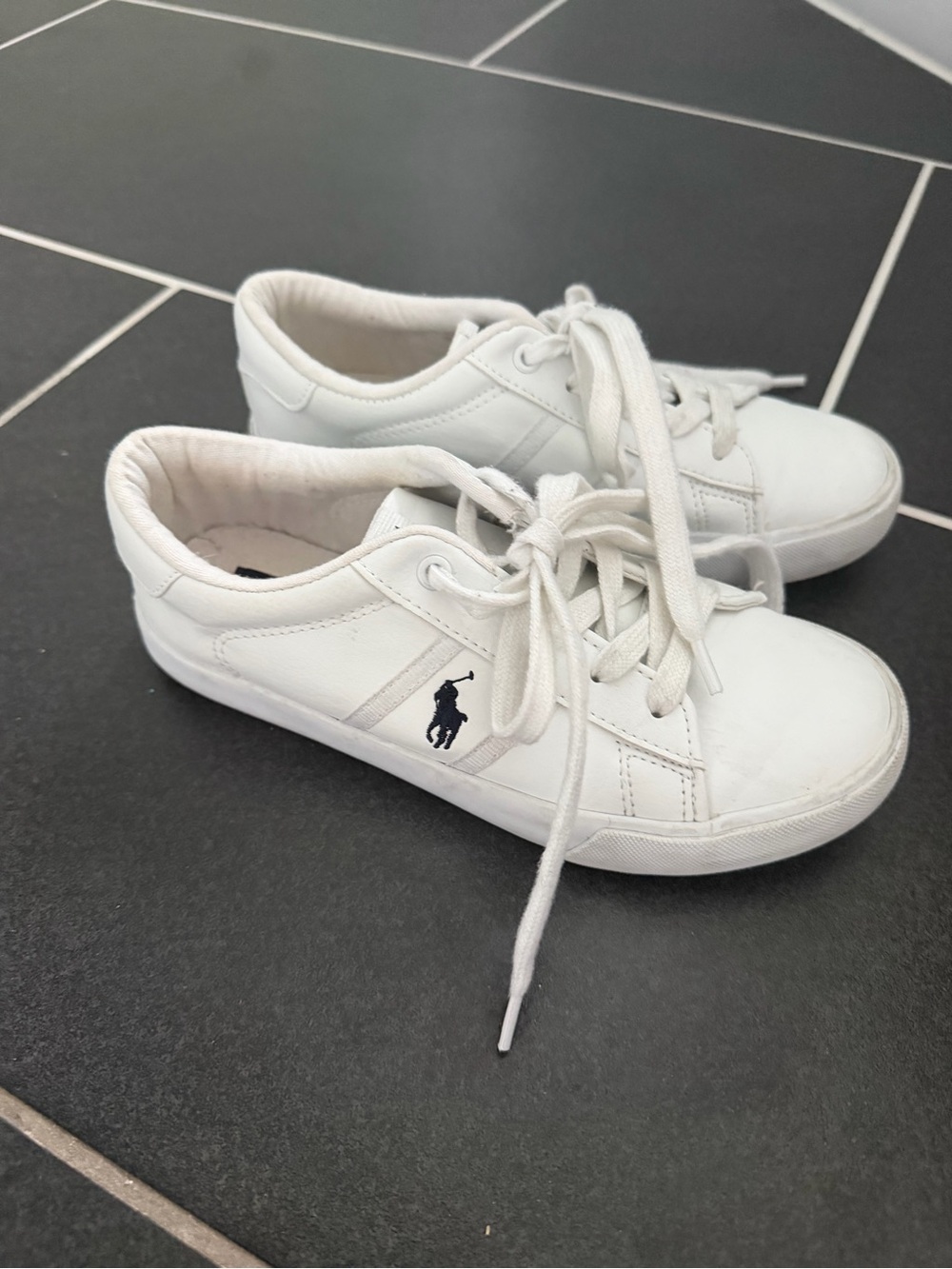 Polo Ralph Lauren Geoff II White Sneakers Kids Size 2 Navy Pony Logo Shoes